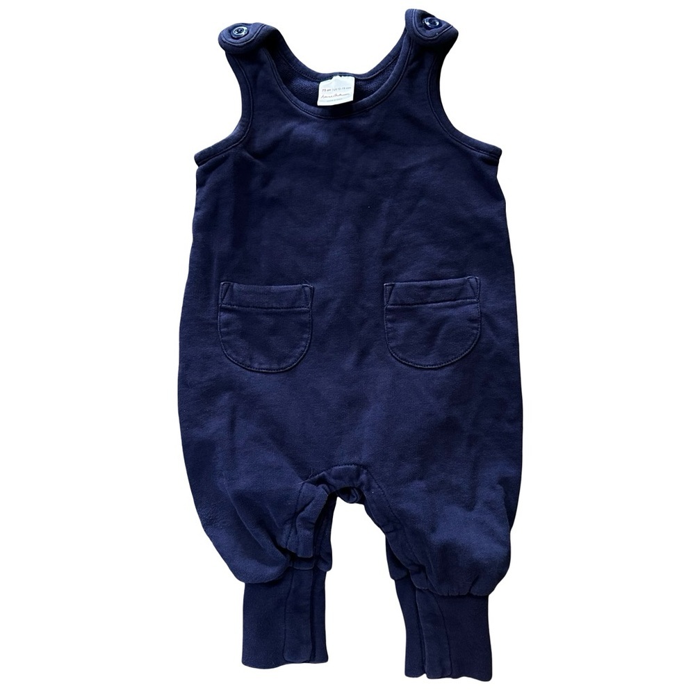 Hanna Andersson Navy Blue Cotton Romper Overalls Size 12-18 Months Terry Pocket